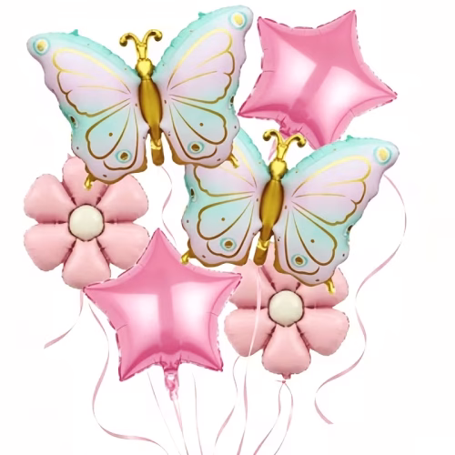 Pink Star Flower Butterfly Film Balloon 6pcs Set
