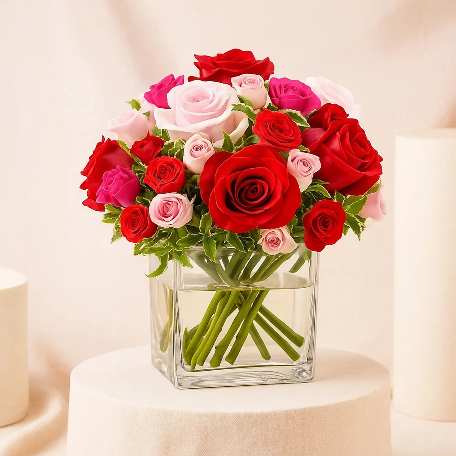 Mixed Red & Pink Rose Bouquet in Glass Vase – Elegant Romantic Flower Arrangement