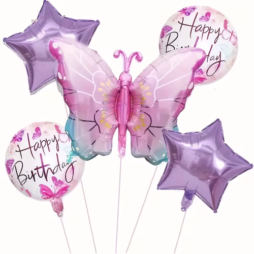 Pink Butterfly Birthday Balloons Set - 5 pcs