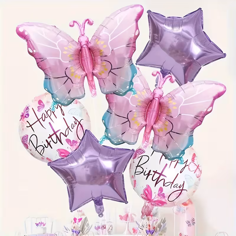Pink Butterfly Birthday Balloons Set - 5pcs
