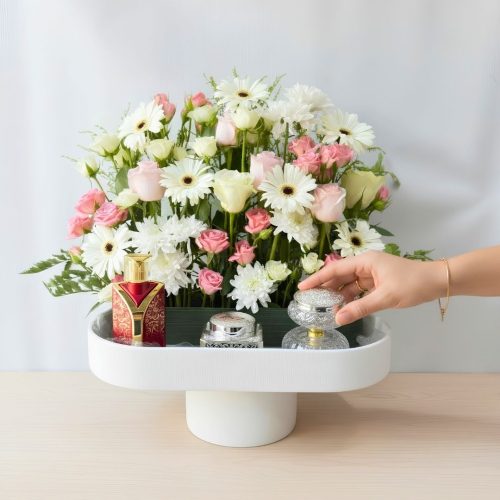 Luxury Flower Arrangement with 100ml Perfume, Bukhur & Bukhur Stand