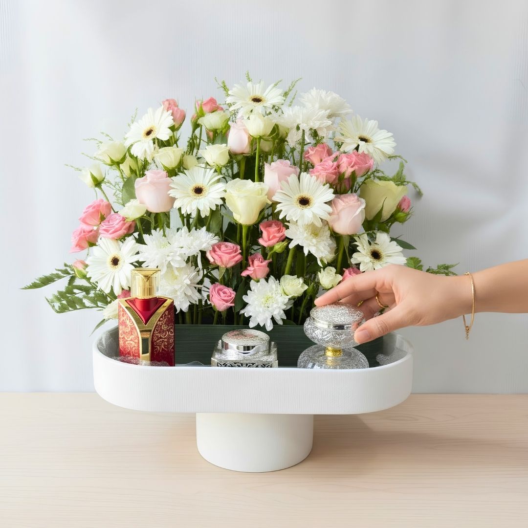 Luxury Flower Arrangement with 100ml Perfume, Bukhur & Bukhur Stand