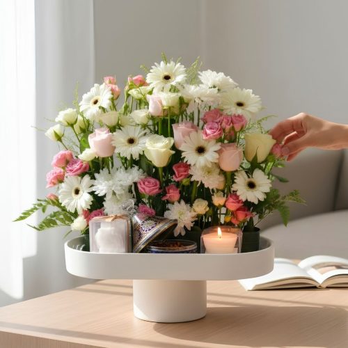 Luxury Pink & White Flower Arrangement with Chocolate & Candle