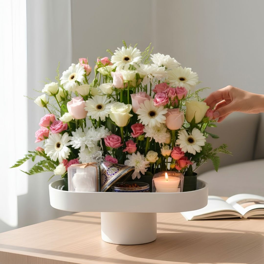 Luxury Pink & White Flower Arrangement with Chocolate & Candle