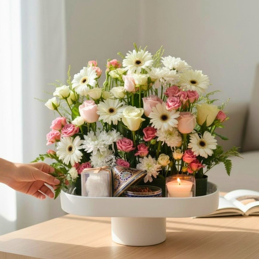 Luxury Pink & White Flower Arrangement with Chocolate & Candle - Image 2