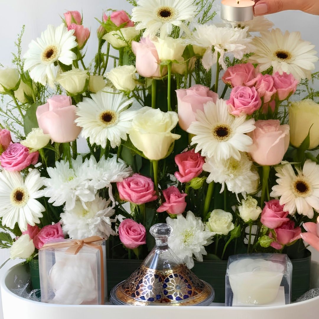 Luxury Pink & White Flower Arrangement with Chocolate & Candle - Image 3
