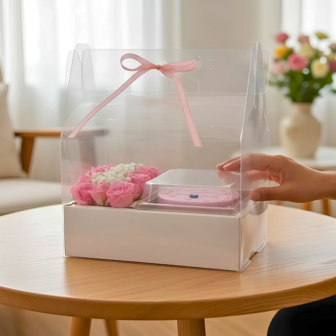 Pink Roses & Mini Cake Transparent Gift Box