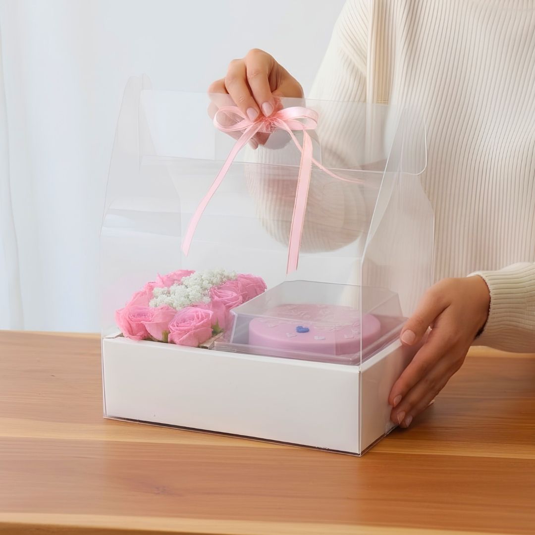 Pink Roses & Mini Cake Transparent Gift Box - Image 2