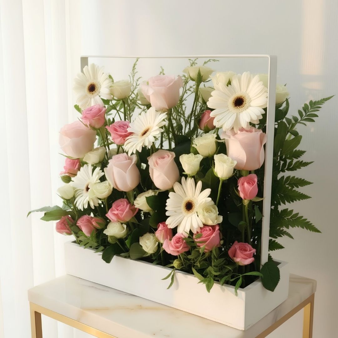 Pink Rose & White Gerbera Flower Frame Arrangement – Elegant Fresh Flower Box - Image 3