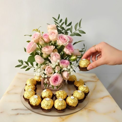 Pink Roses & Ferrero Rocher Chocolate Tray Arrangement