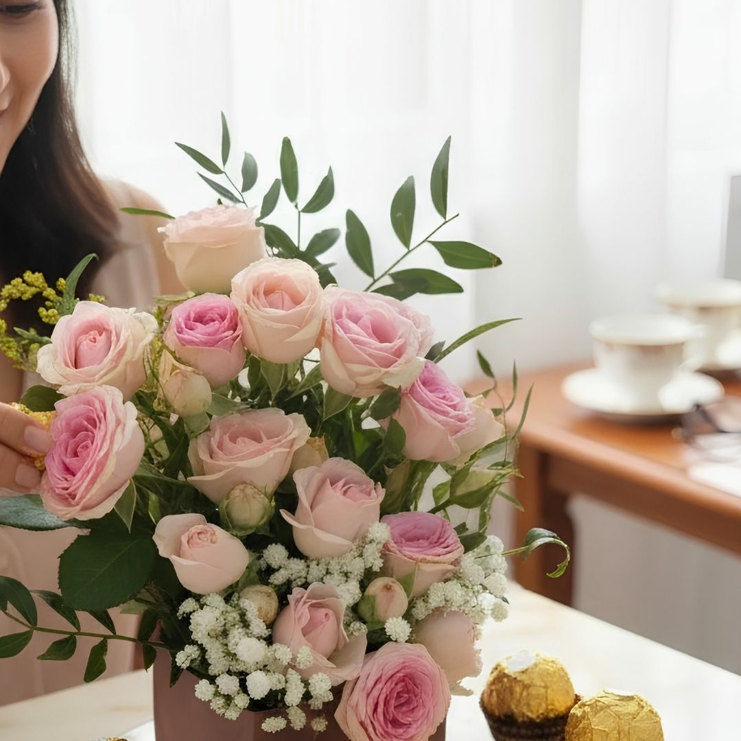 Pink Roses & Ferrero Rocher Chocolate Tray Arrangement - Image 2