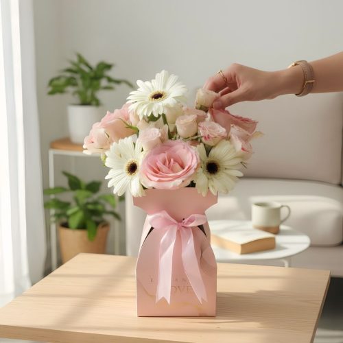 Pink Roses & White Gerbera Flower Box Arrangement