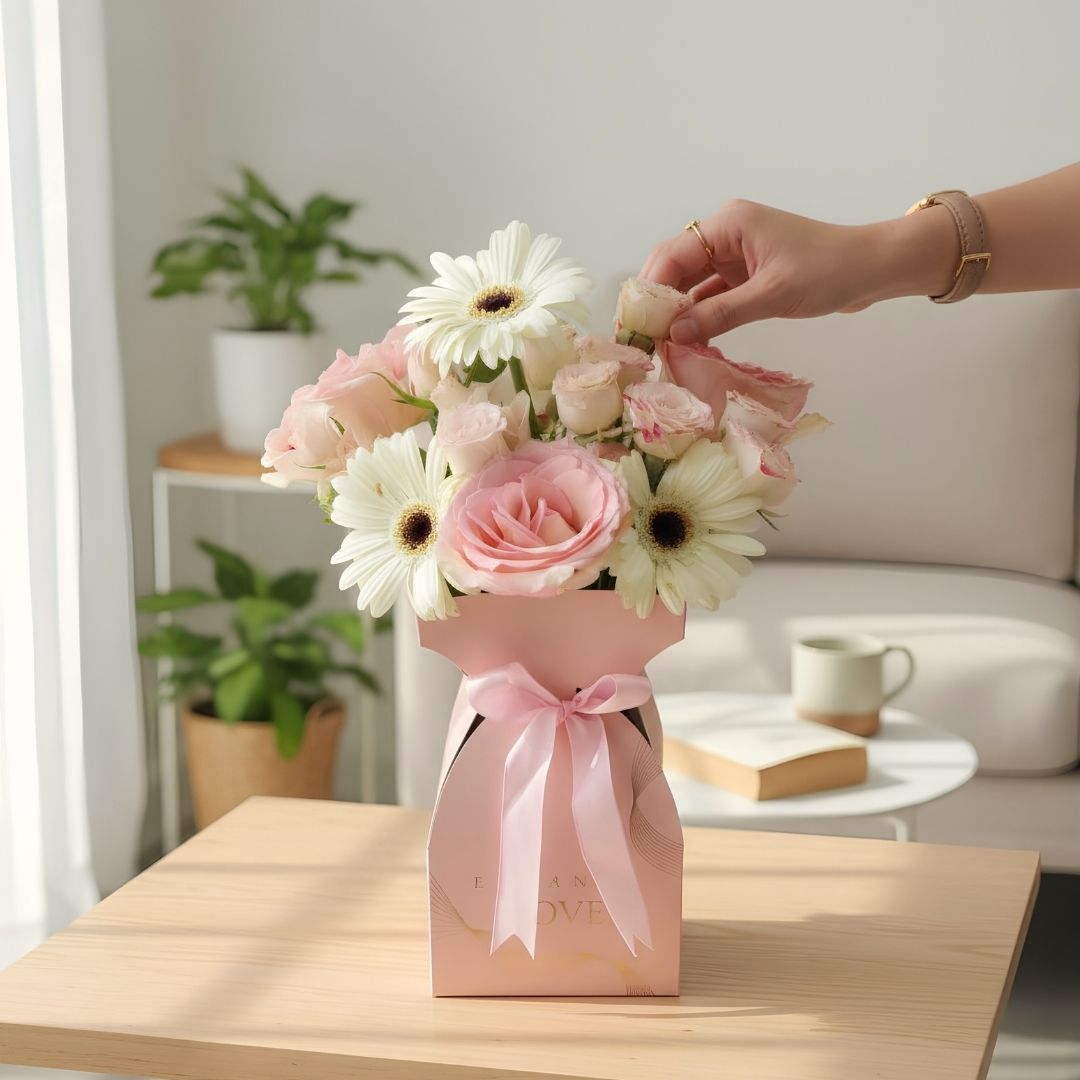 Pink Roses & White Gerbera Flower Box Arrangement