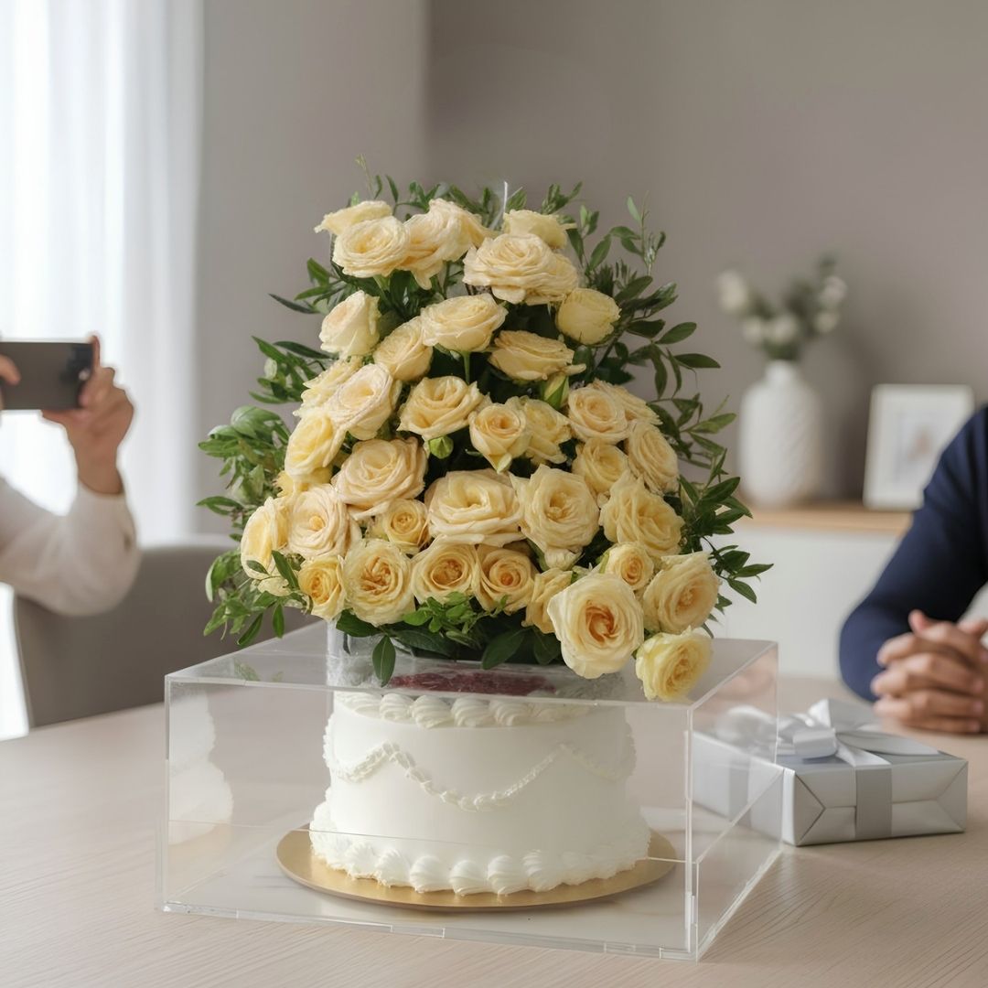 Ivory Rose Flower Arrangement with 7-Inch Celebration Cake - Image 2