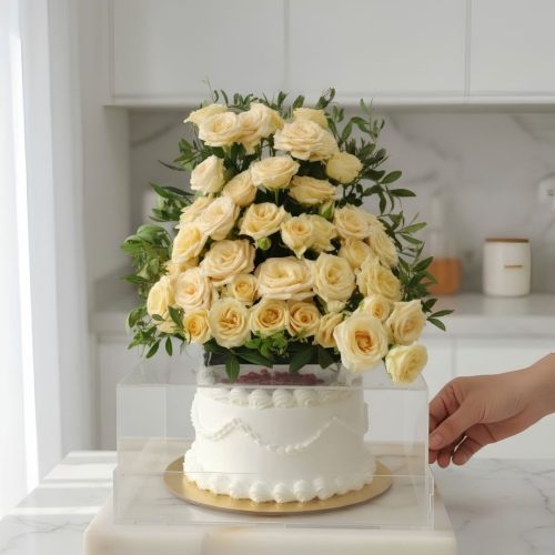 Ivory Rose Flower Arrangement with 7-Inch Celebration Cake