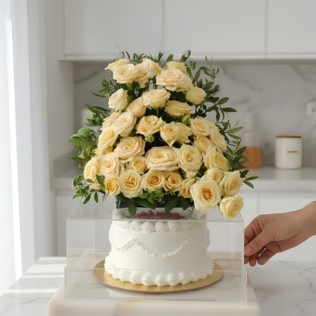Ivory Rose Flower Arrangement with 7-Inch Celebration Cake