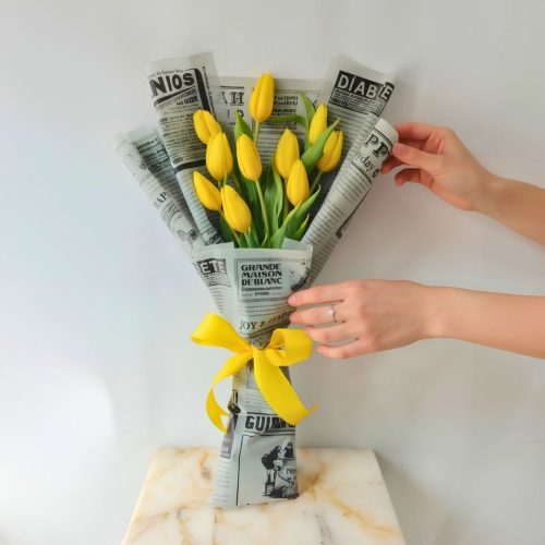 Sunny Yellow Tulip Bouquet in Newspaper Wrap