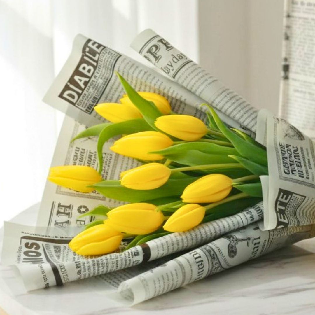 Sunny Yellow Tulip Bouquet in Newspaper Wrap - Image 2
