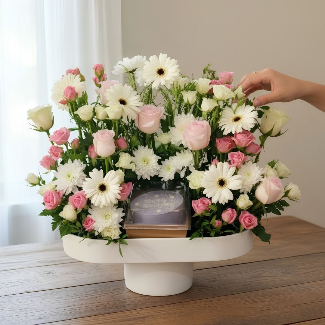 Pink & White Flower Arrangement with Mini Cake – Luxury Floral Gift Stand