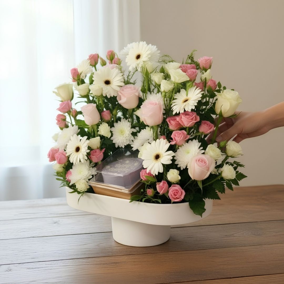 Pink & White Flower Arrangement with Mini Cake – Luxury Floral Gift Stand - Image 2