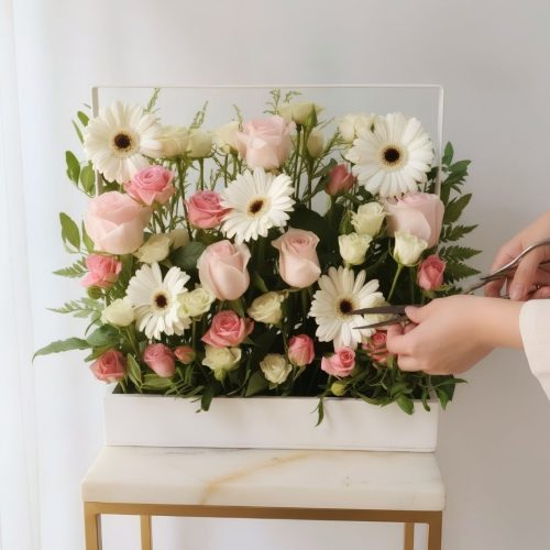 Pink Rose & White Gerbera Flower Frame Arrangement – Elegant Fresh Flower Box
