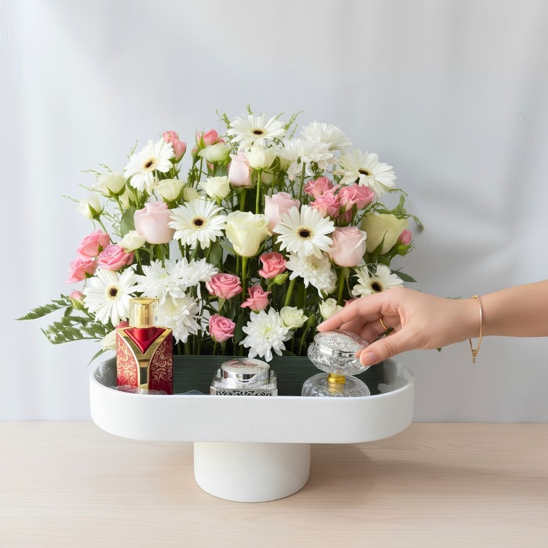 Luxury Flower Arrangement with 100ml Perfume, Bukhur & Bukhur Stand
