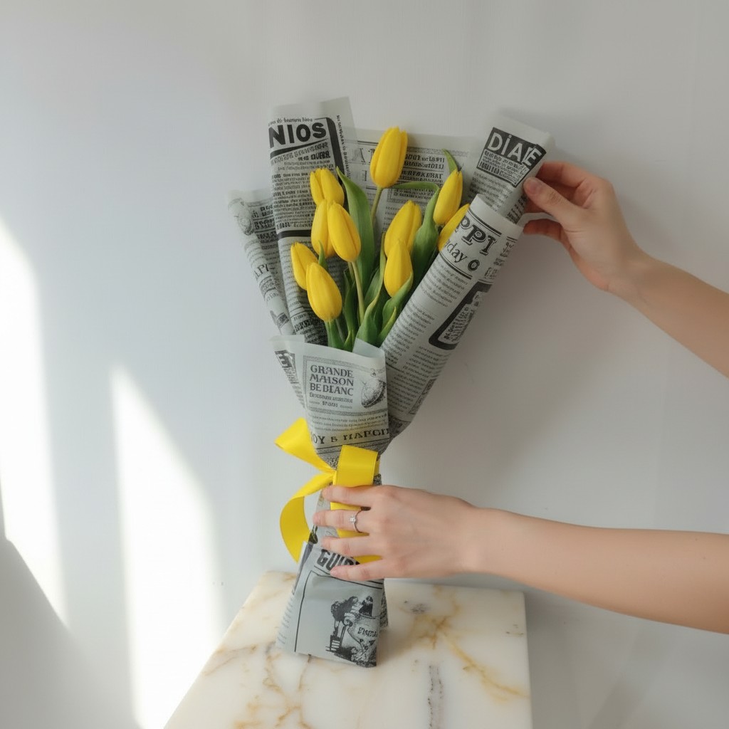 Sunny Yellow Tulip Bouquet in Newspaper Wrap - Image 3