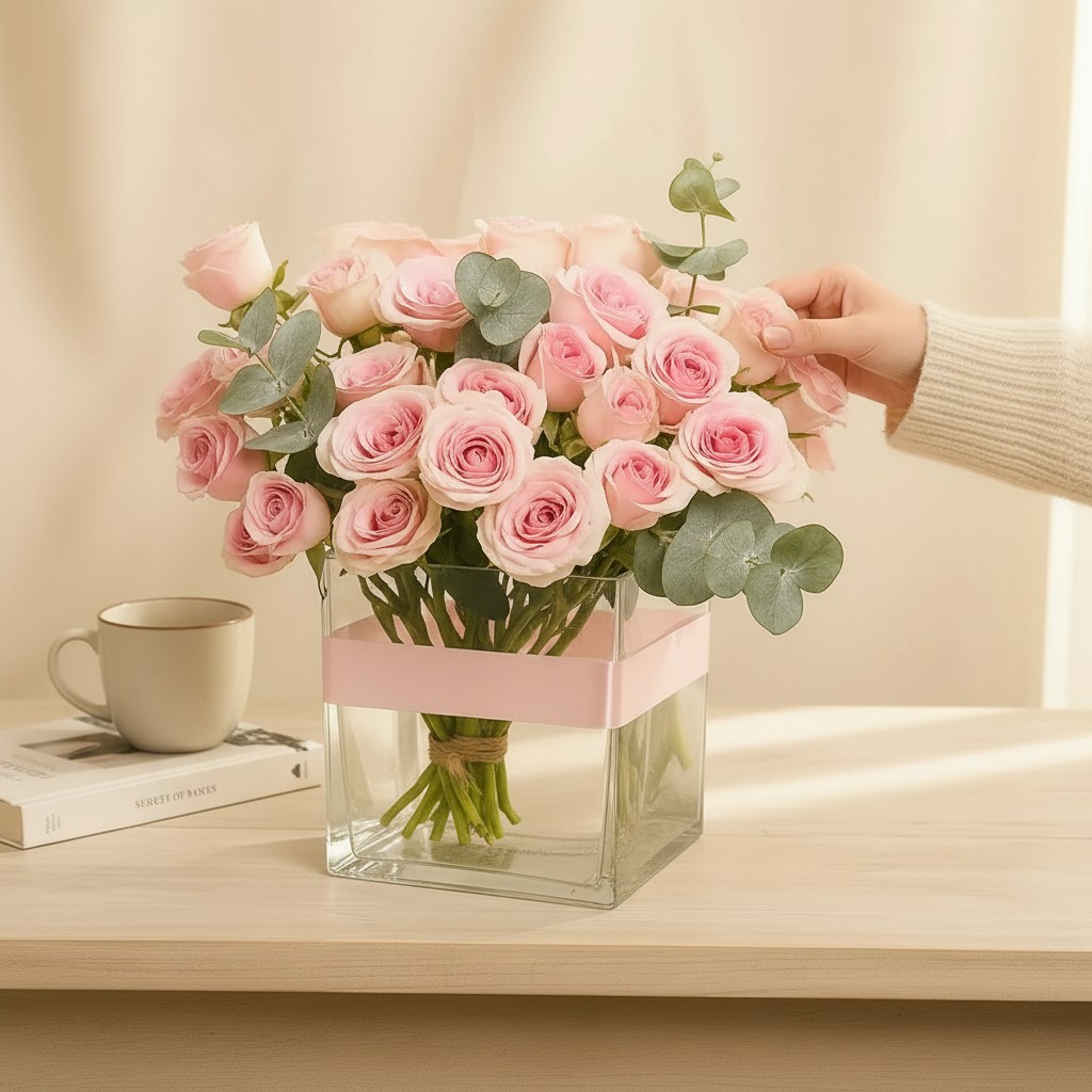 Pink Rose Bouquet in Glass Vase with Eucalyptus – Elegant Flower Arrangement