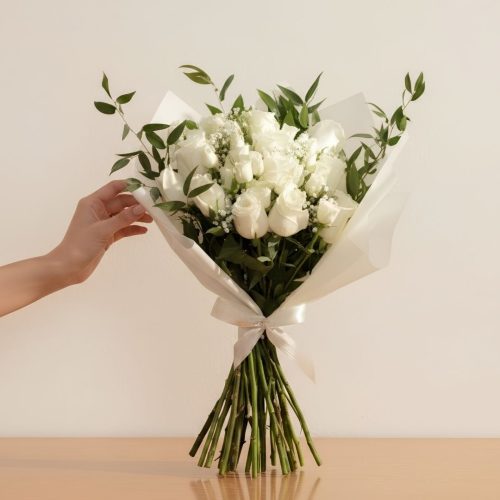 Elegant White Rose Bouquet with Baby’s Breath – Fresh Flower