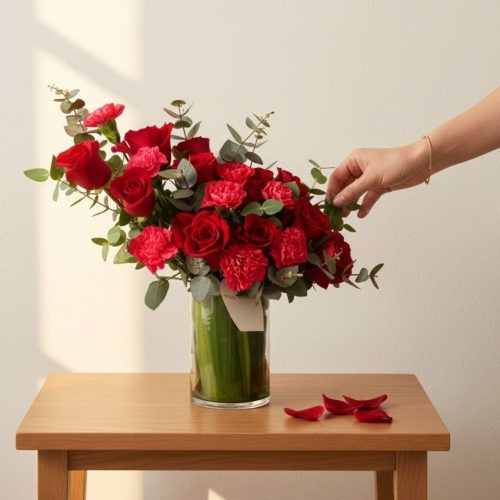 Red Rose & Carnation Vase Arrangement – Fresh Flower