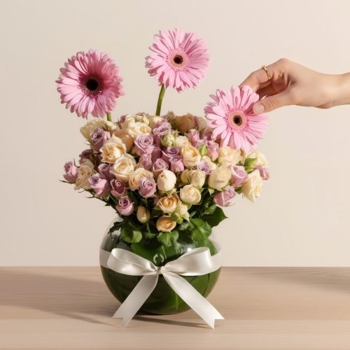 Pink Gerbera & Pastel Rose Vase Arrangement – Fresh Flower