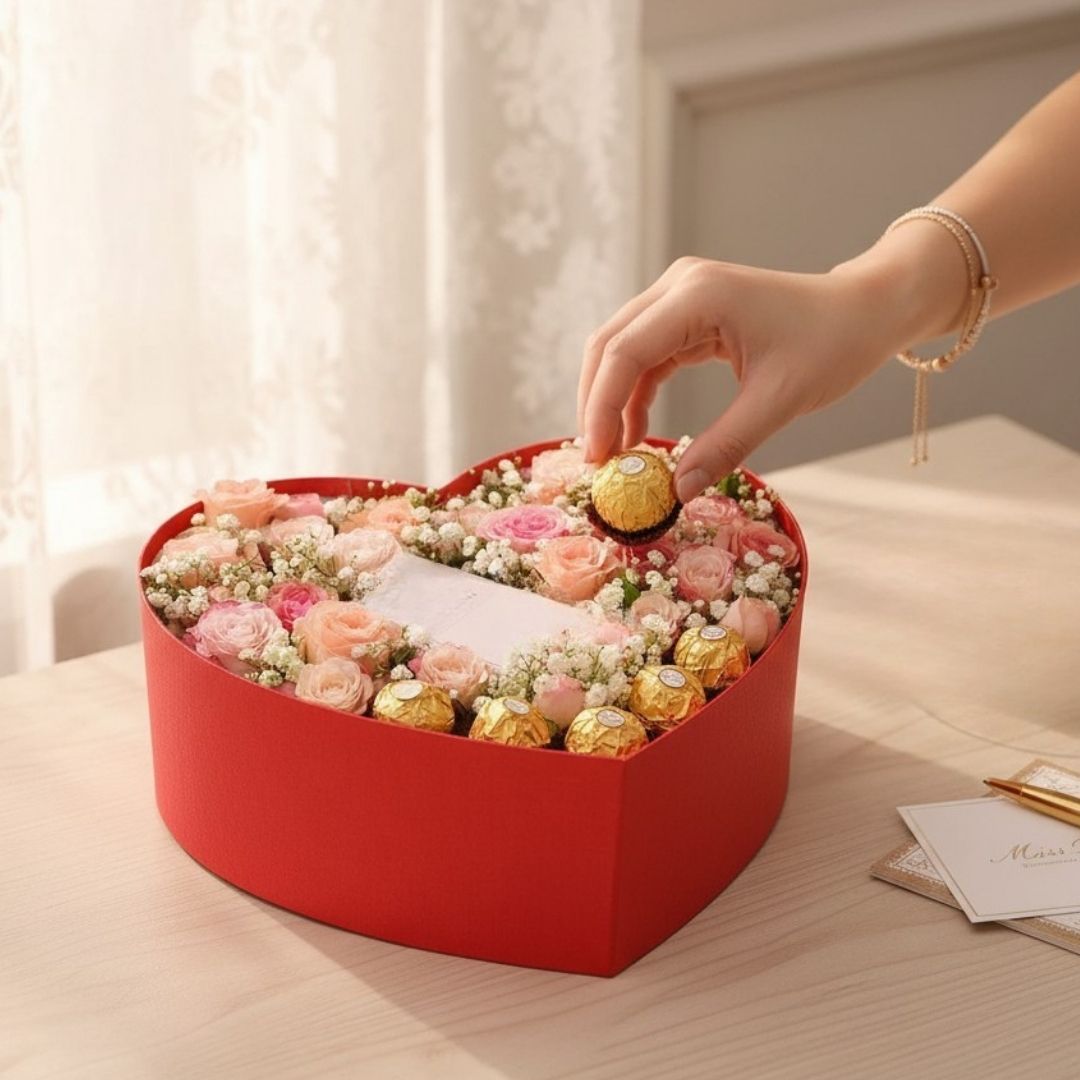 Heart-Shaped Rose Flower Box with Chocolates – Pink Roses Gift Arrangement - Image 2