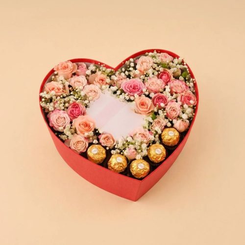 Heart-Shaped Rose Flower Box with Chocolates – Pink Roses Gift Arrangement