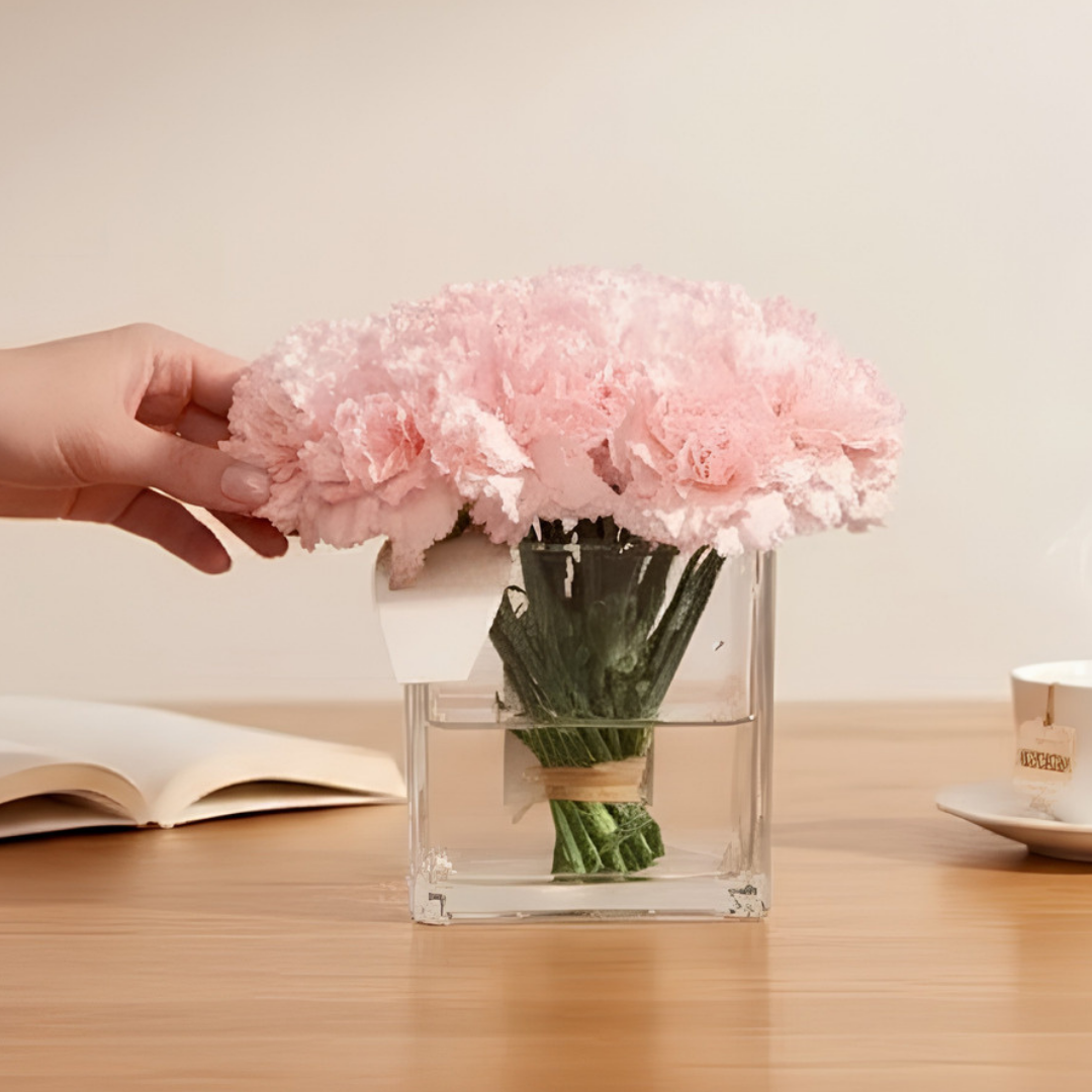 Soft Pink Carnation Cube Vase Arrangement – Fresh Flower