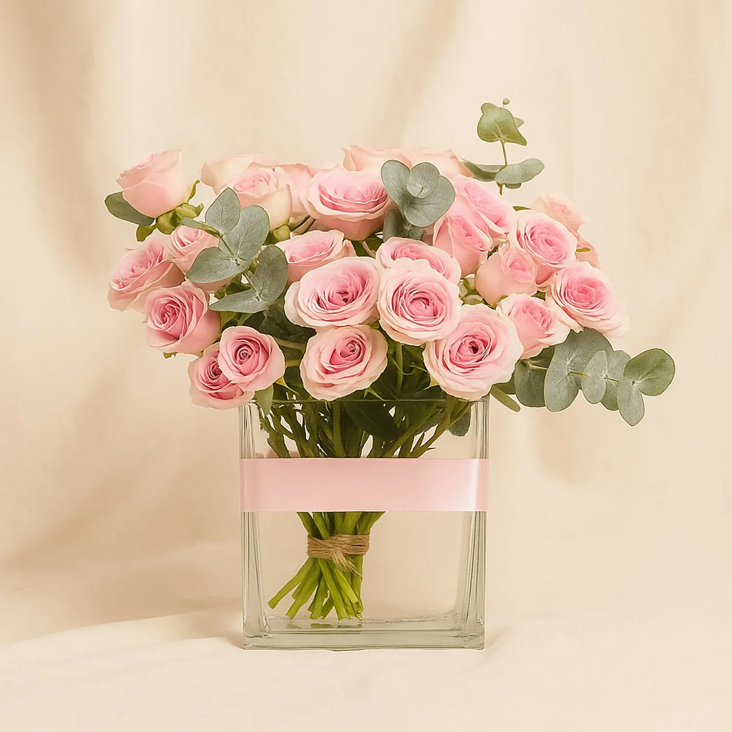 Pink Rose Bouquet in Glass Vase with Eucalyptus – Elegant Flower Arrangement - Image 2
