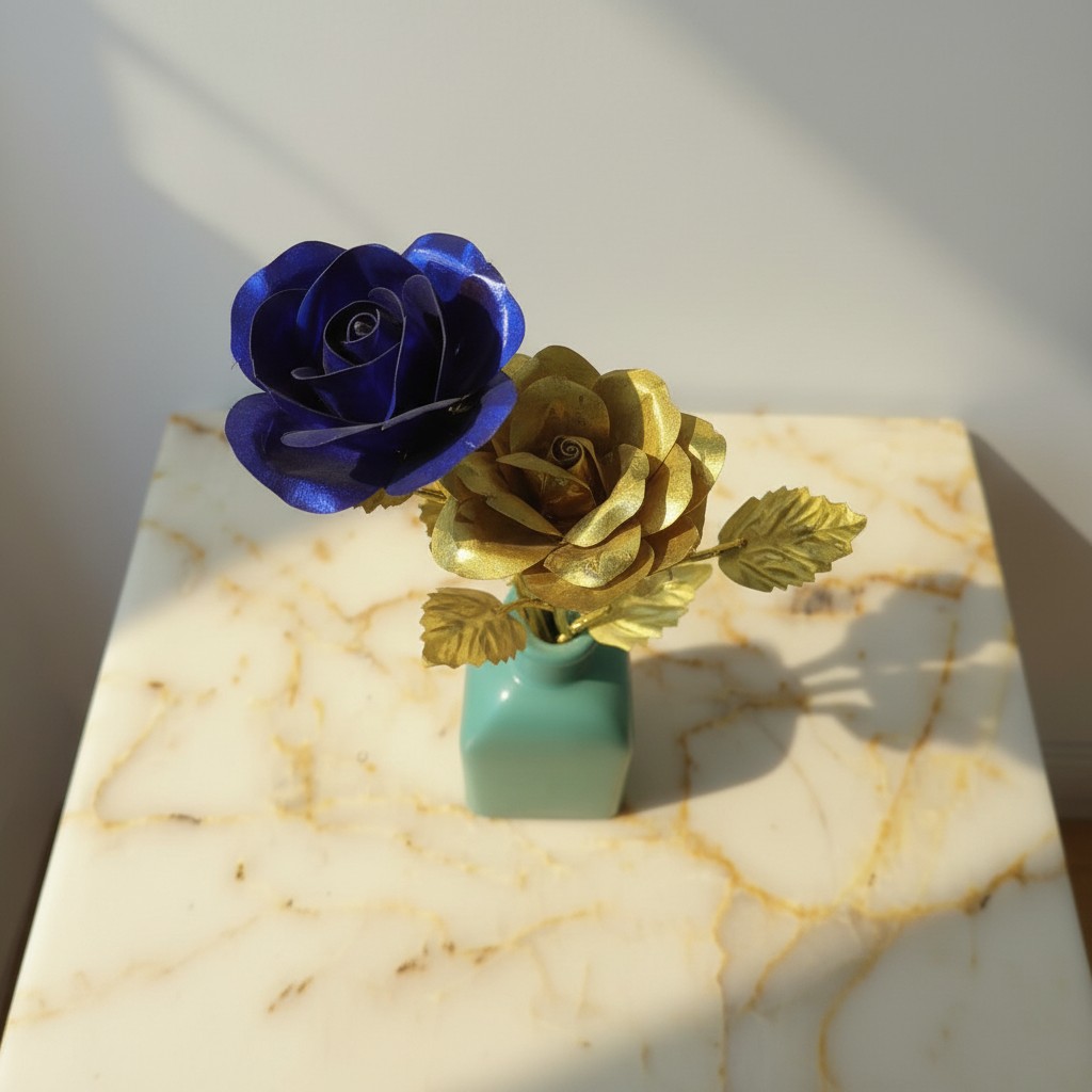Everlasting Blue & Gold Rose Duo in Decorative Vase - Image 2