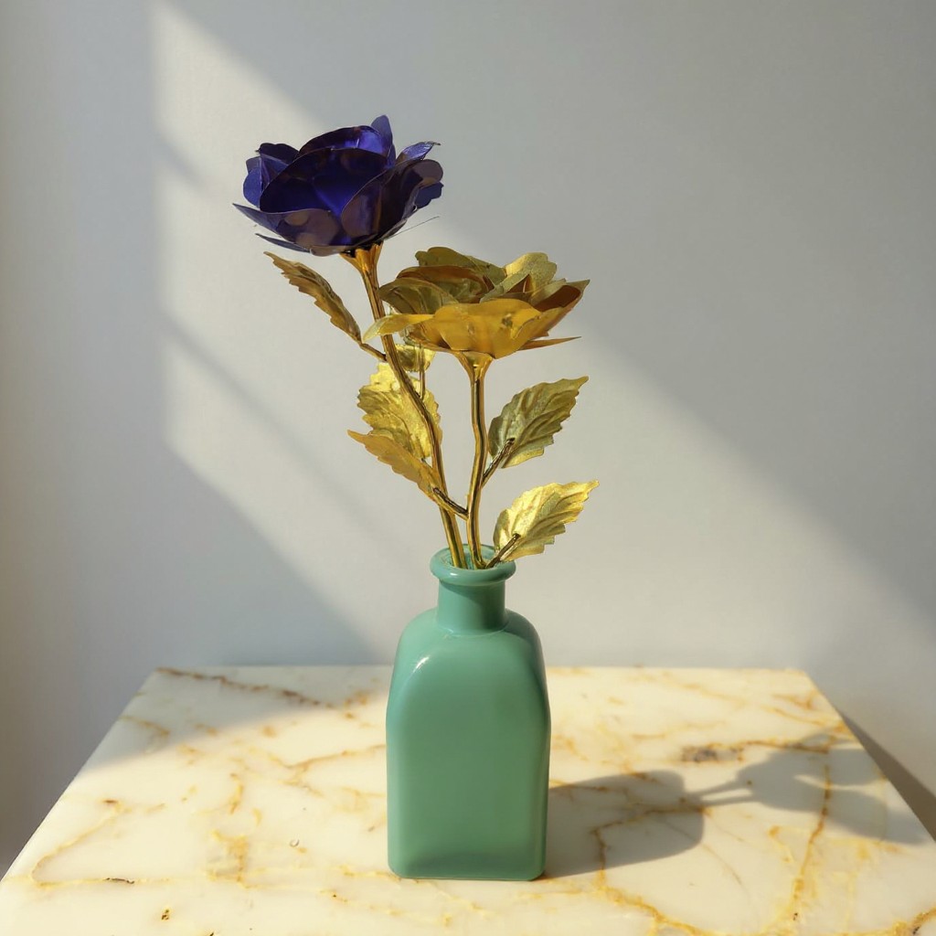 Everlasting Blue & Gold Rose Duo in Decorative Vase