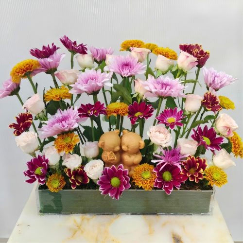 Mixed Flower Garden with Scented Teddy Candle