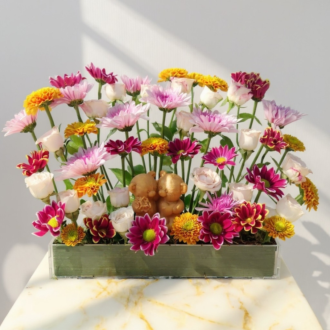 Mixed Flower Garden with Scented Teddy Candle - Image 2