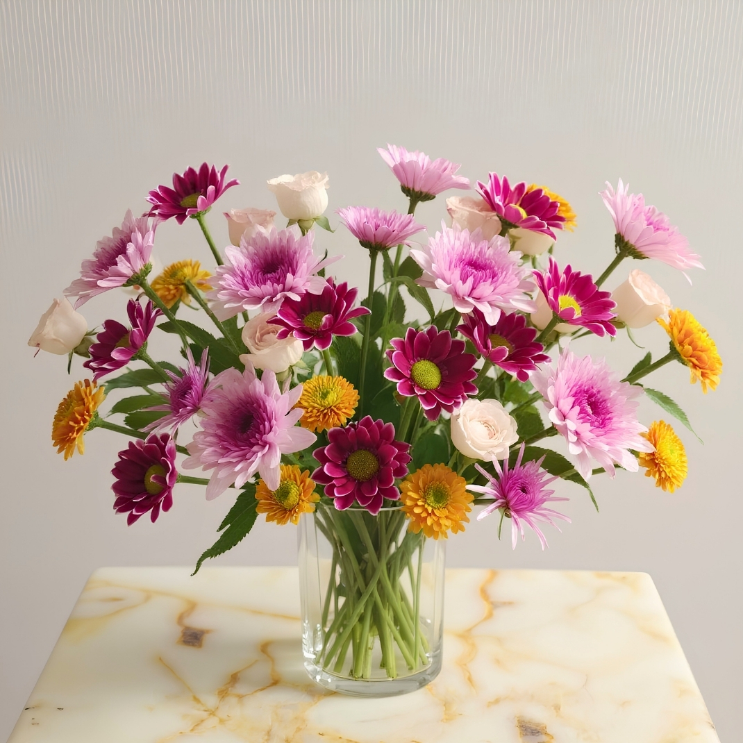 Colorful Mixed Flowers in Elegant Glass Vase