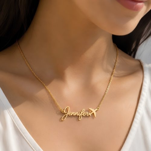 Personalized Name Necklace with Airplane Charm – Custom Gold-Colour Jewellery