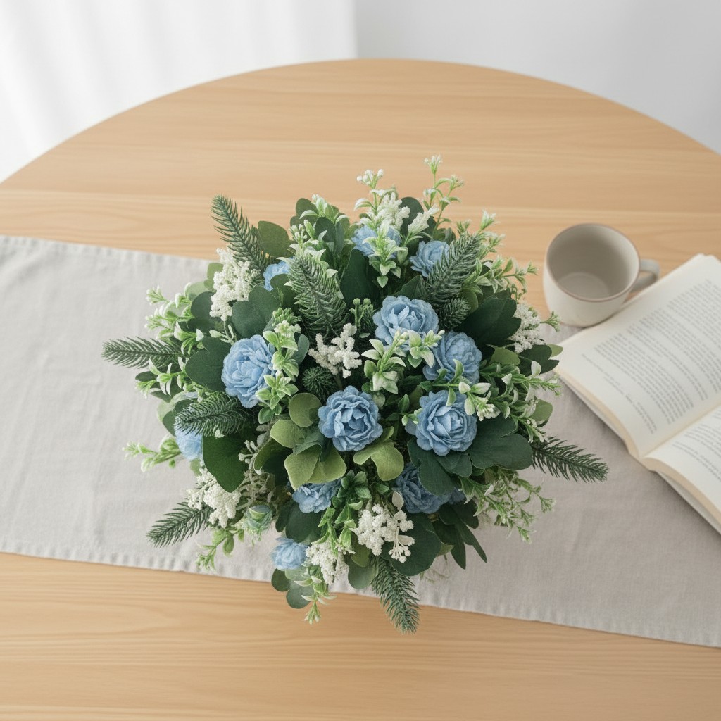 Artificial Blue Hydrangea & Greenery Arrangement in Decorative Vase - Image 2