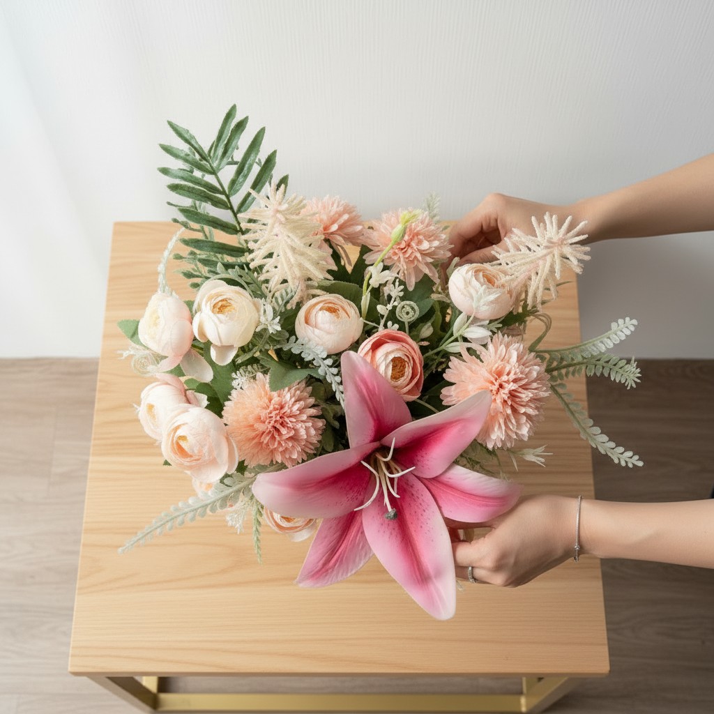 Artificial Pink Lily & Blush Rose Arrangement in Woven Pot - Image 2