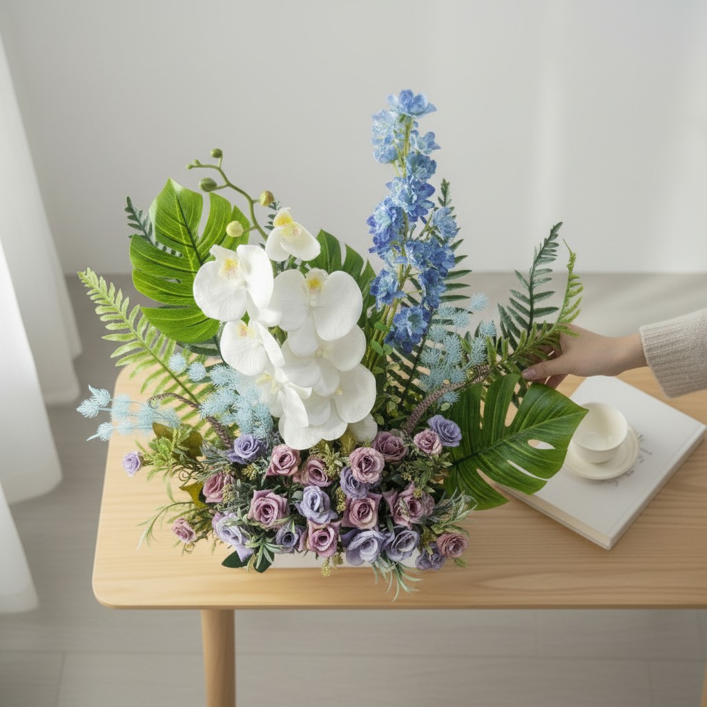 Artificial White Orchid & Lavender Rose Arrangement with Greenery - Image 2