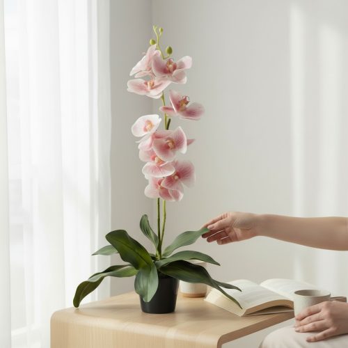 Artificial Elegant Pink Orchid Plant in Black Pot – Decorative Flower Arrangement