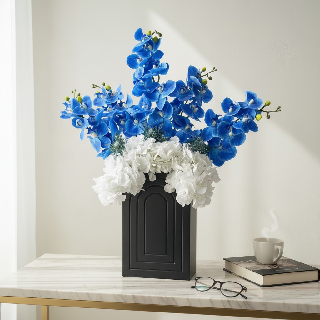 Artificial Blue Orchid & White Hydrangea Arrangement in Black Vase - Image 2