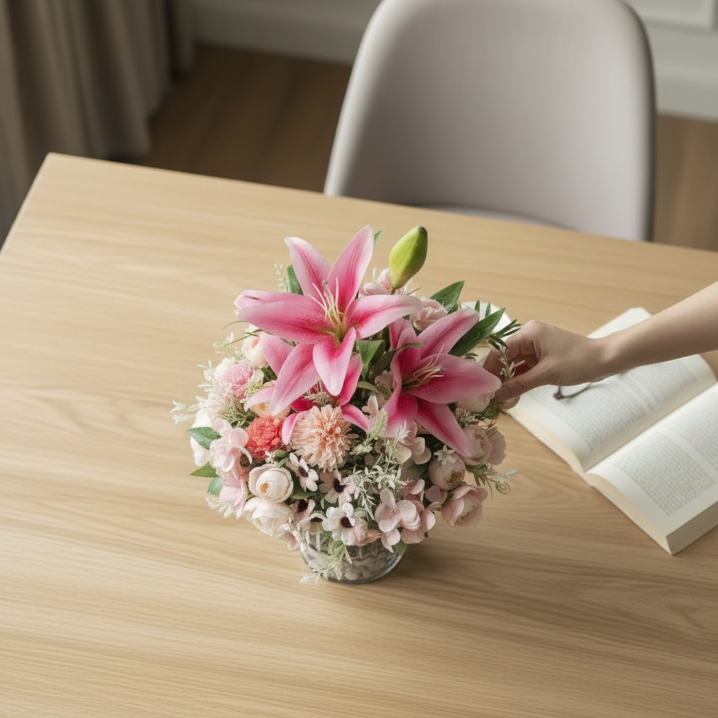 Artificial Pink Lily & Soft Blush Floral Arrangement in Glass Vase - Image 2