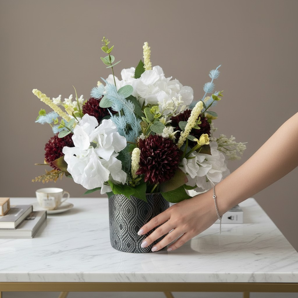 Artificial White Hydrangea & Burgundy Floral Arrangement in Decorative Pot - Image 2