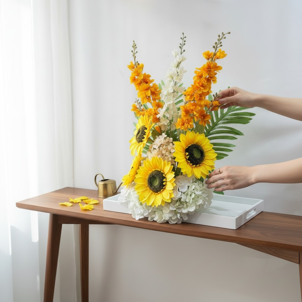 Artificial Sunflower & Orange Blossom Floral Arrangement - Image 2