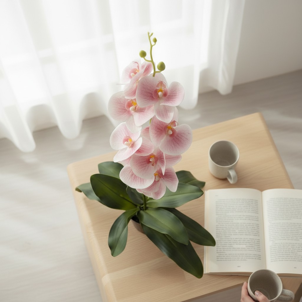 Artificial Elegant Pink Orchid Plant in Black Pot – Decorative Flower Arrangement - Image 2